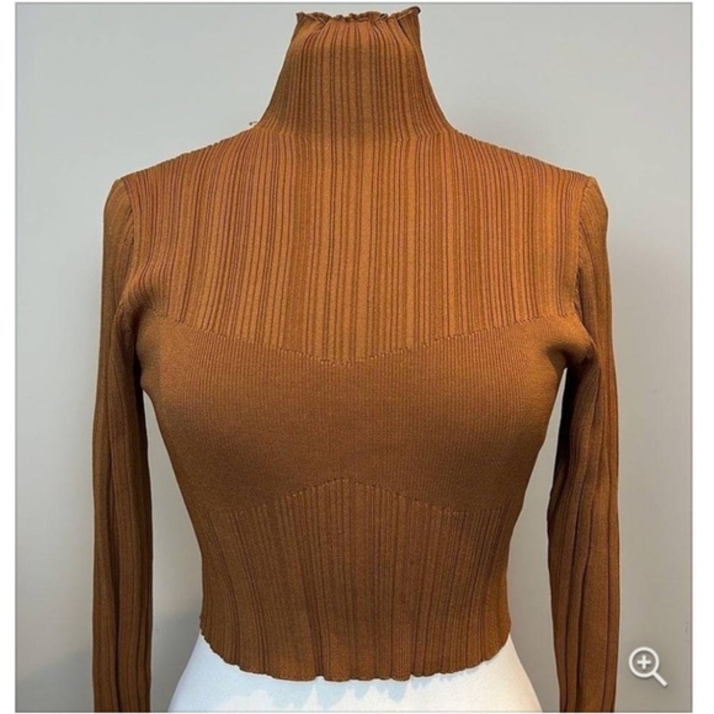 ZARA Ribbed Stretch Knit Long Sleeve High Neck Crop Top Caramel Brown - Picture 1 of 5